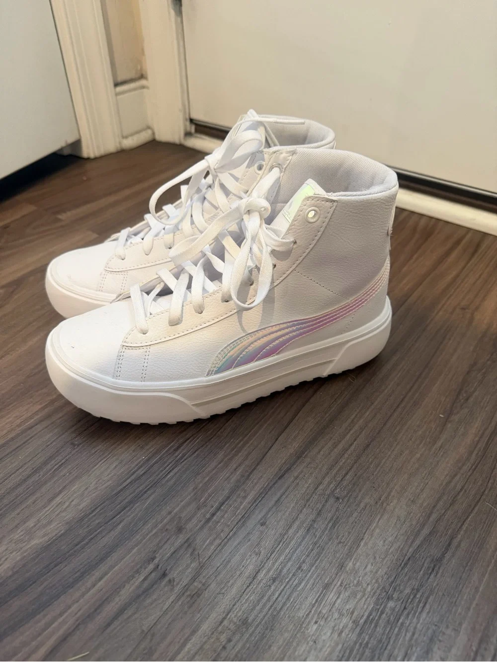 Puma White High-Top Sneakers with Iridescent Aqua Accent
